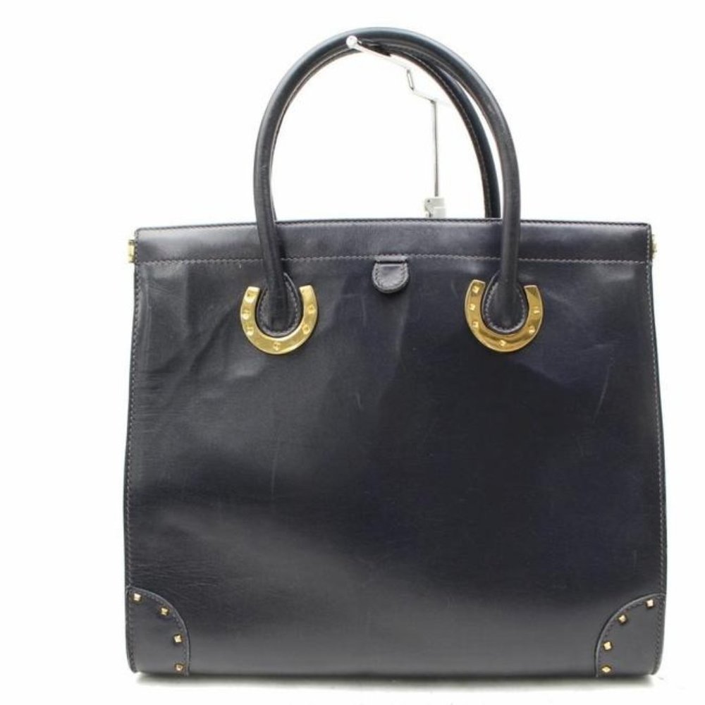 Gucci Navy Blue Leather Horse-bit Top Handle Satchel W Gold Horseshoe Accents
